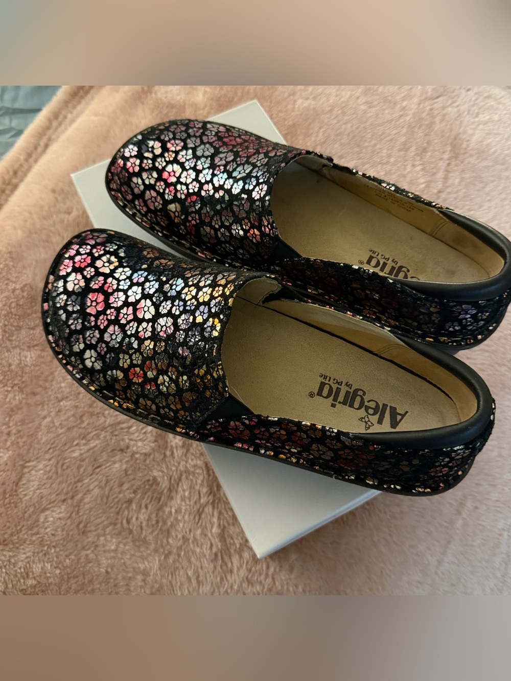 Alegria Black Slip-On Flats with Multicolor Floral Accents